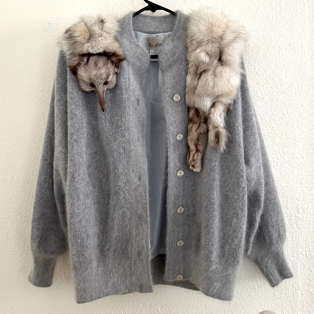 Rare Vintage Sia Bellini Gray Angora Button Up Sweater w/Full Silver Fox Sz L